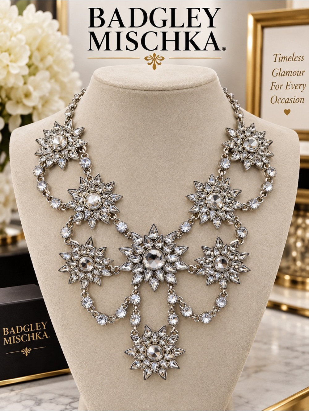 Badgley Mischka Silver Crystal Floral Statement Necklace